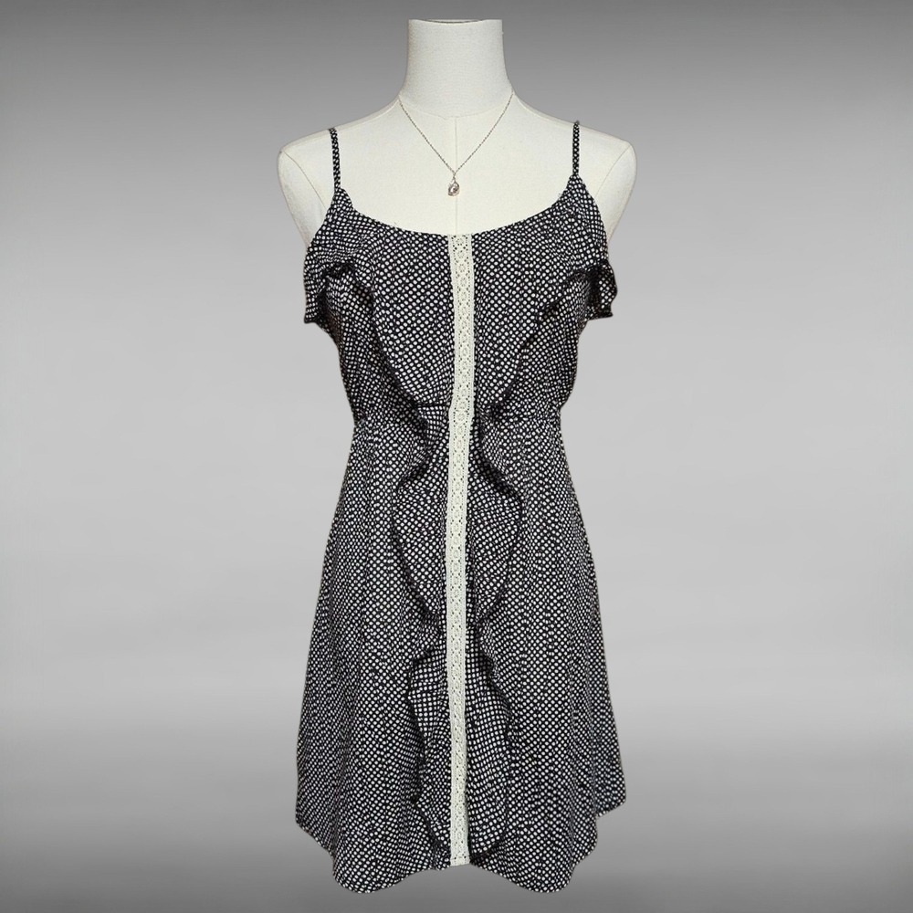 Umgee USA Dainty Black White Polka Dot Mini Festival Dress Ruffle Crochet Lace S